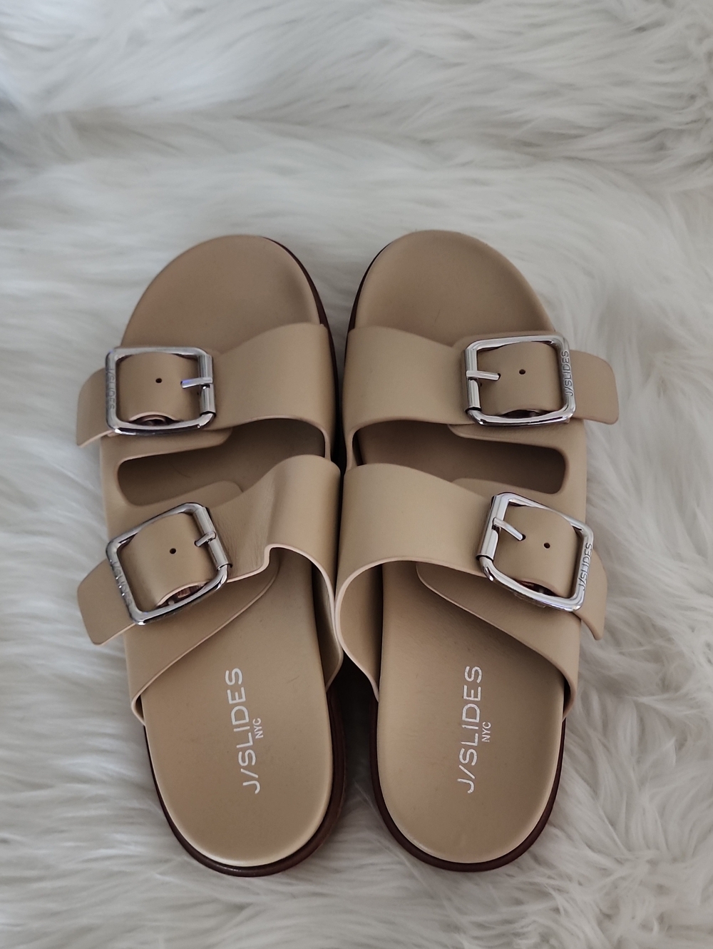 J/SLIDES Tan Double-Buckle Slide Sandals with Silver Buckles